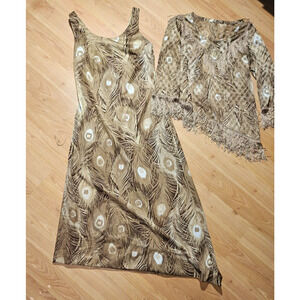 Vintage No Label Brown Feather Print Hostess Dress with Removable Fringe Top